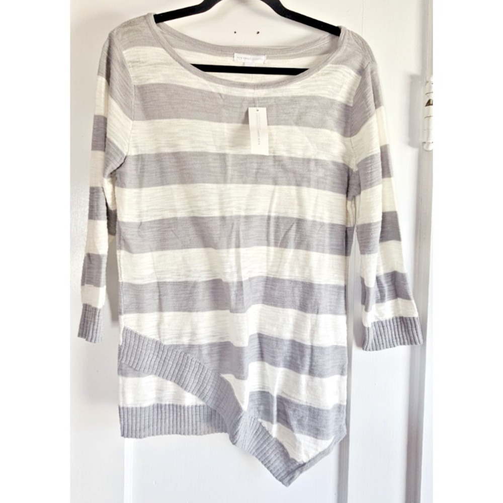 NWT‎ NY&C womans L loose knit sweater grey white striped 3/4 sleeves boat neck